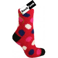 Fluffy Bed Socks Red with Blue Pink and White dots